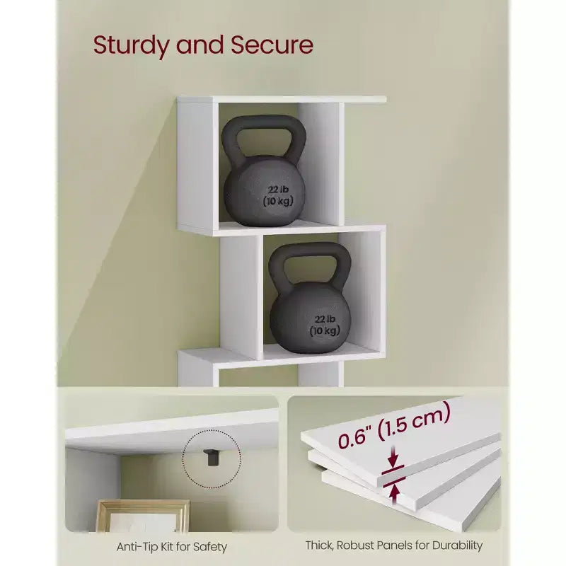 5-Tier Bookcase with S-Design, 62.6 Tall Storage Shelf, 10 Compartments & Anti-Tip Kit, Modern Organizer for Living Room Bedroom Office