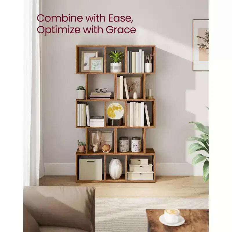 5-Tier Bookcase with S-Design, 62.6 Tall Storage Shelf, 10 Compartments & Anti-Tip Kit, Modern Organizer for Living Room Bedroom Office