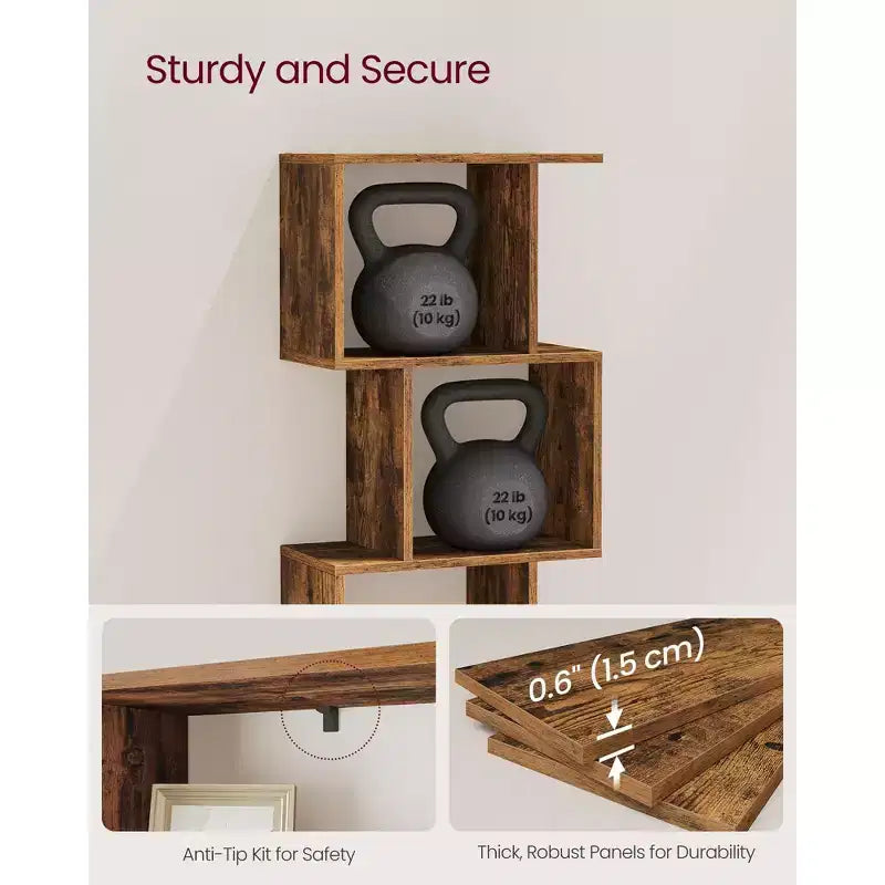 5-Tier Bookcase with S-Design, 62.6 Tall Storage Shelf, 10 Compartments & Anti-Tip Kit, Modern Organizer for Living Room Bedroom Office