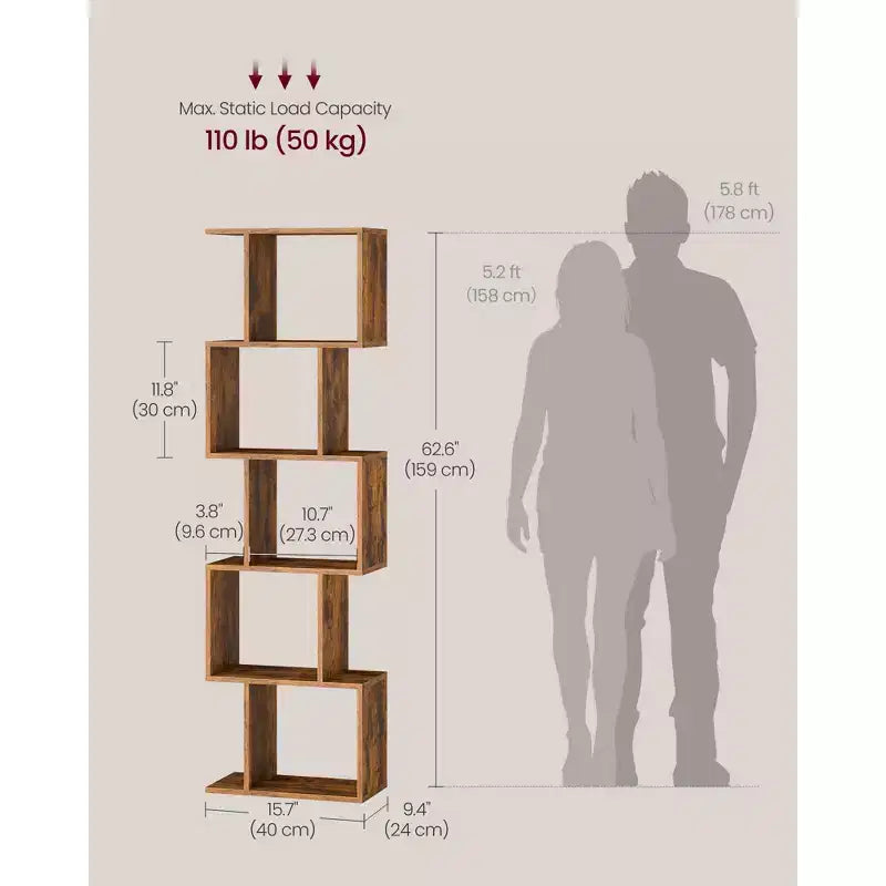 5-Tier Bookcase with S-Design, 62.6 Tall Storage Shelf, 10 Compartments & Anti-Tip Kit, Modern Organizer for Living Room Bedroom Office