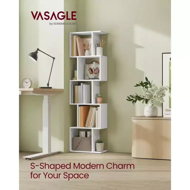 5-Tier Bookcase with S-Design, 62.6 Tall Storage Shelf, 10 Compartments & Anti-Tip Kit, Modern Organizer for Living Room Bedroom Office