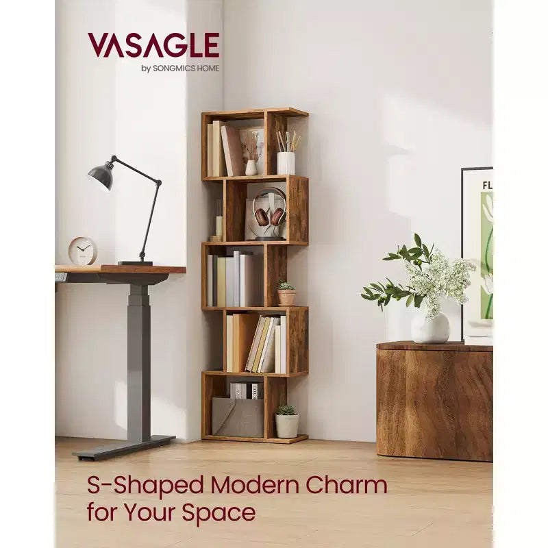 5-Tier Bookcase with S-Design, 62.6 Tall Storage Shelf, 10 Compartments & Anti-Tip Kit, Modern Organizer for Living Room Bedroom Office